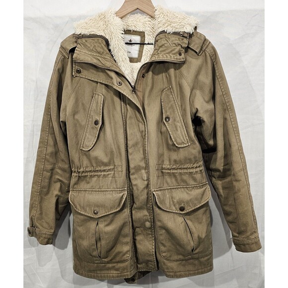 COLIN'S Cargo Coat Womens L Khaki Hood Removable Sherpa Lining Pockets Gorpcore - Picture 1 of 16